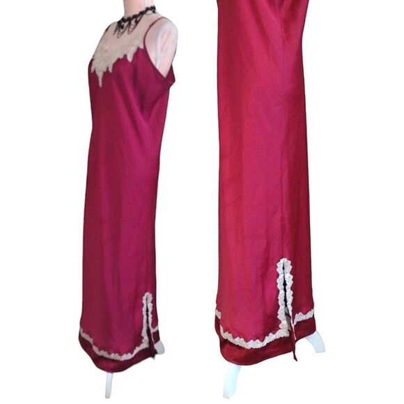 VTG 90s Red Satin White Lace Trim Long Slitted Lingerie Slip Dress Large - Picture 7 of 16